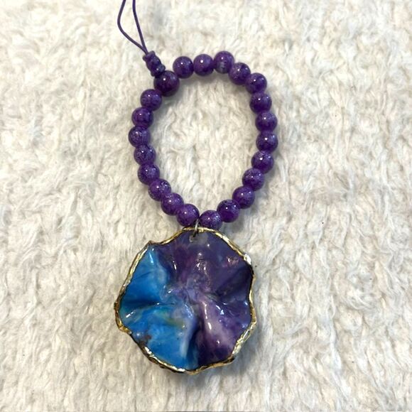 Purple Marble Beaded Flower Charm Elastic Bracelet - Picture 4 of 5